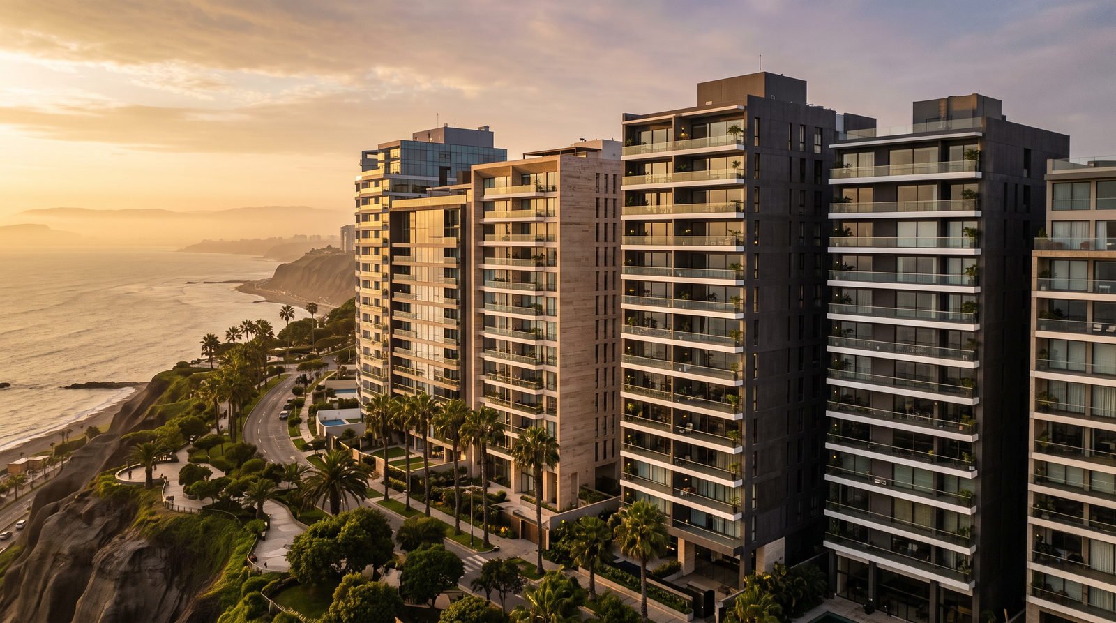 Vista aérea de torres residenciales modernas en Lima al atardecer