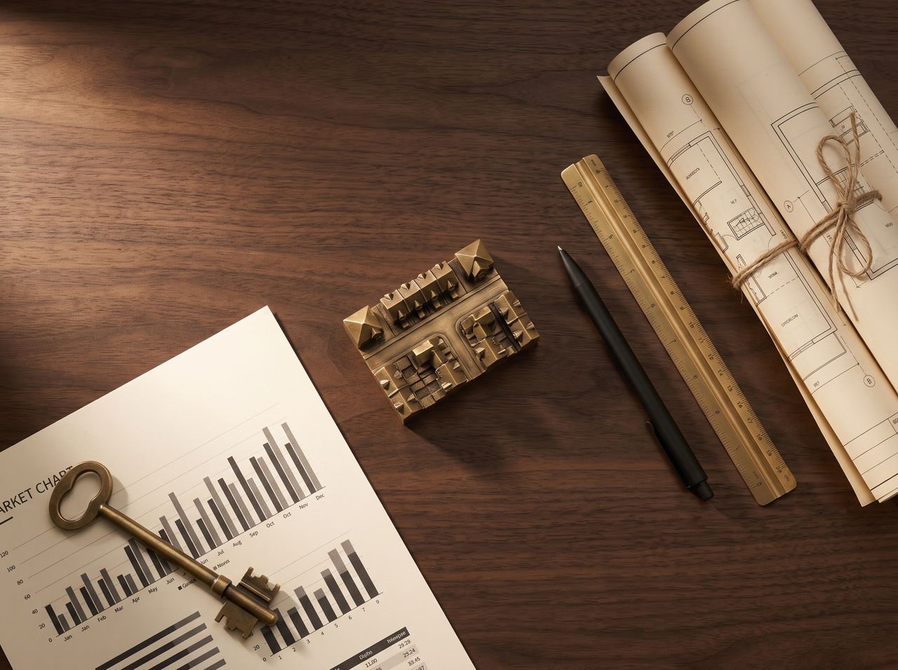 Planos, gráficos de mercado y maqueta arquitectónica sobre un escritorio