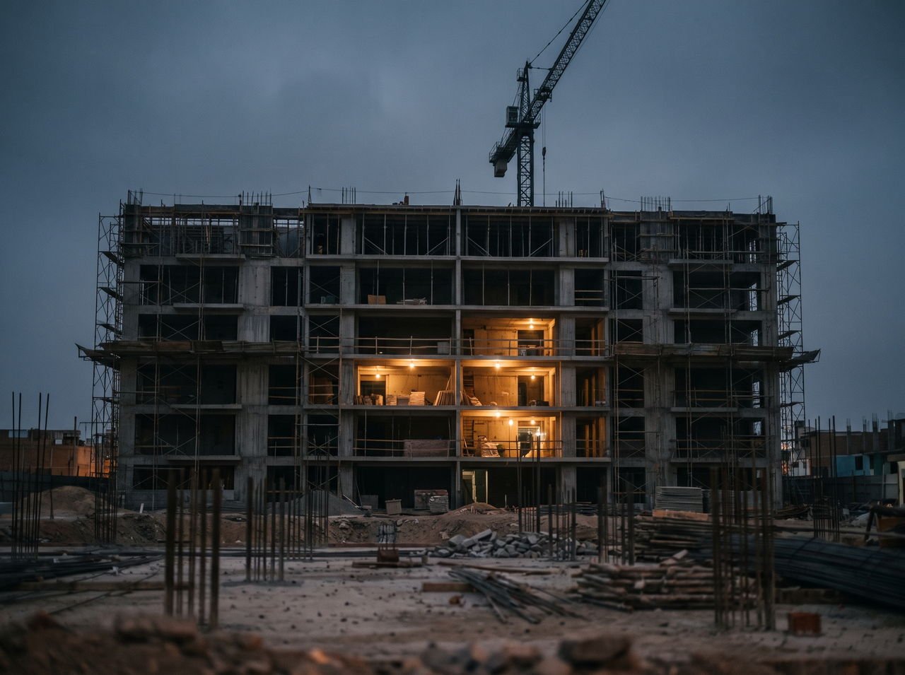 Edificio residencial en construcción al atardecer con grúa torre